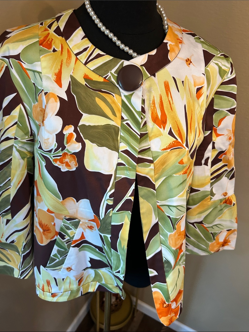 Floral Print Open Front Blazer Jacket - Yellow Green Brown - Picture 7 of 13
